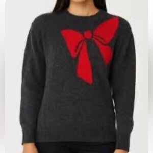 Loft oversized wool blend Women's Gray Sweater with Red Bow Size Medium